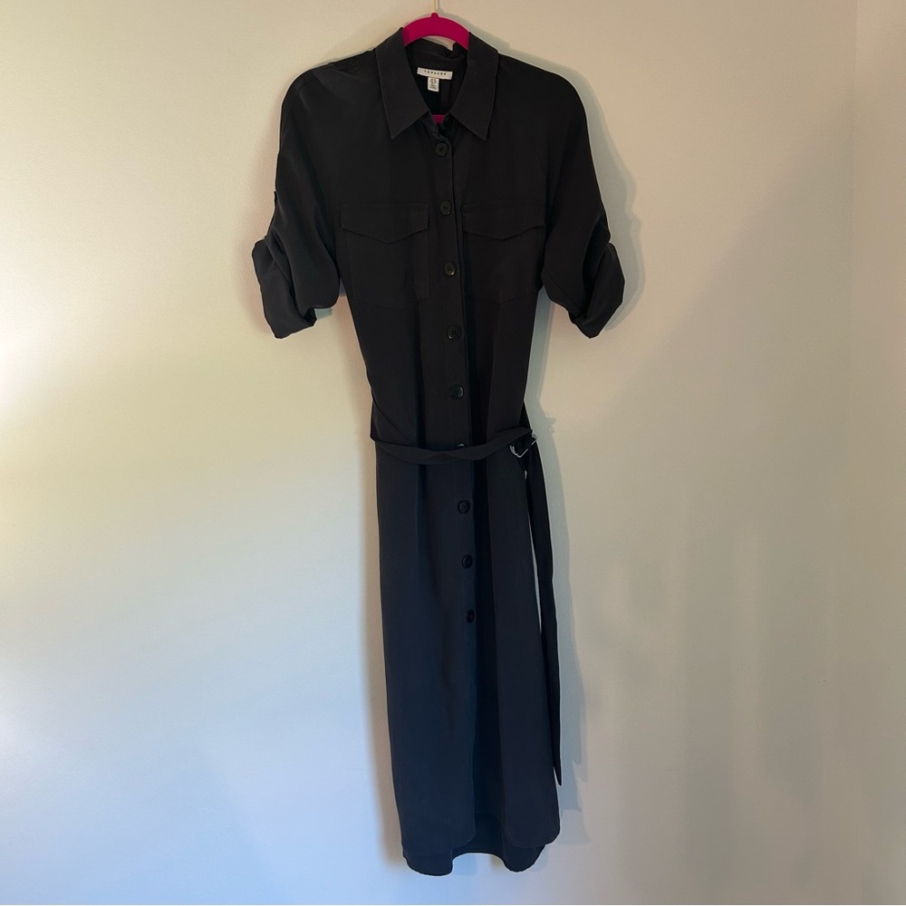 Topshop Utility Lyocell Midi Shirt Dress Belted Dark Grey Charcoal Maxi - Picture 4 of 11
